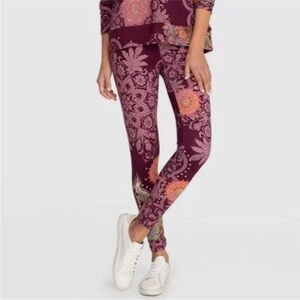 Johnny Was JW Los Angeles Legging Dragon Floral Print Burgundy Multicolor XS